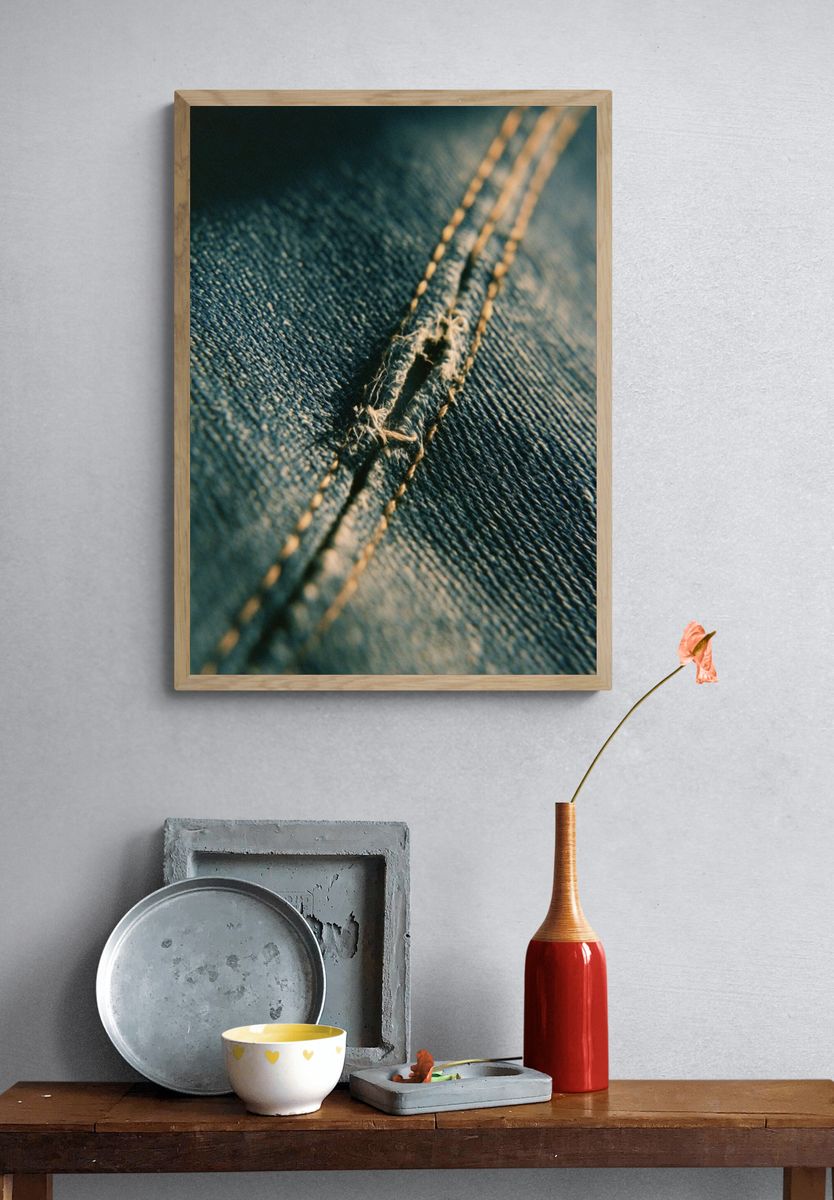 Denim Stitch Macro Photography Poster. — room view 3