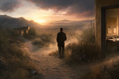 Desert Sunset Solitude Illustration Poster. poster