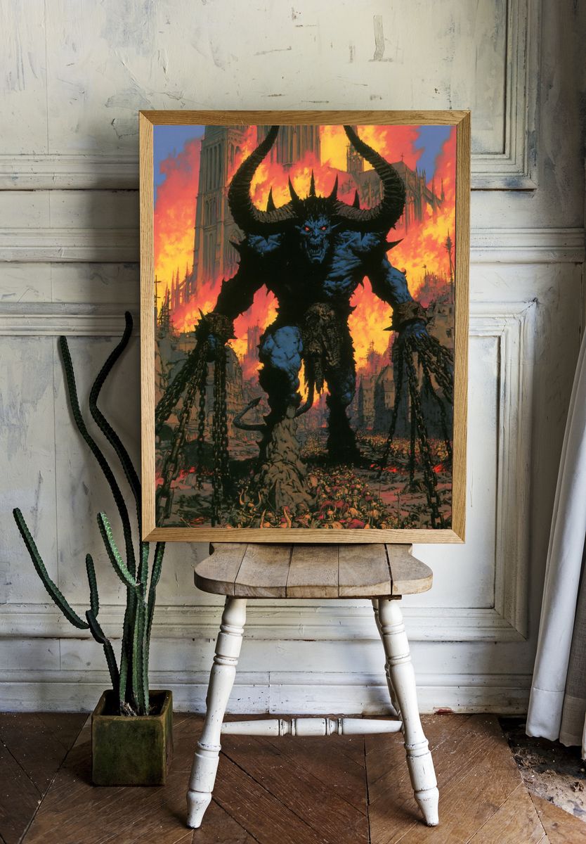 Demon Over Burning Cathedral Print. room preview