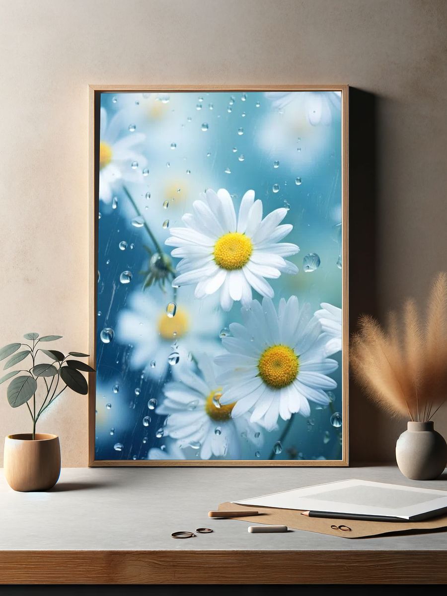 Daisy Flowers in Rain — Photography Print. — room view 2