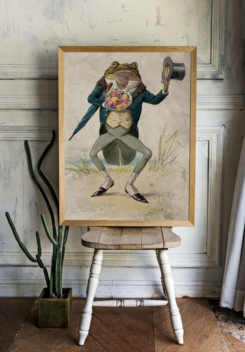 Dapper Frog with Flowers — Vintage Print. room preview