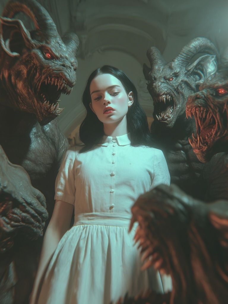Dark Fantasy Girl and Demons Print. poster — illustration art