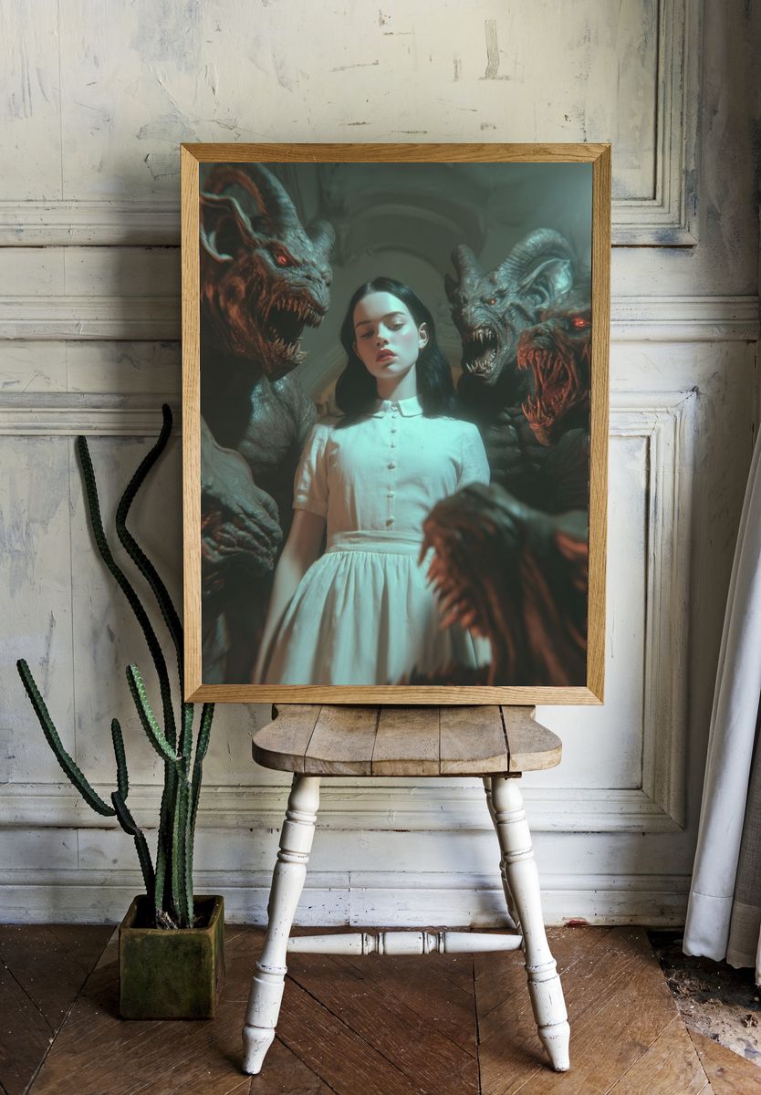 Dark Fantasy Girl and Demons Print. room preview