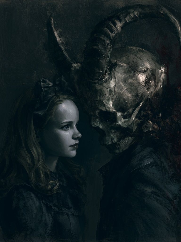 Dark Fantasy Girl and Horned Skull Print. poster detail