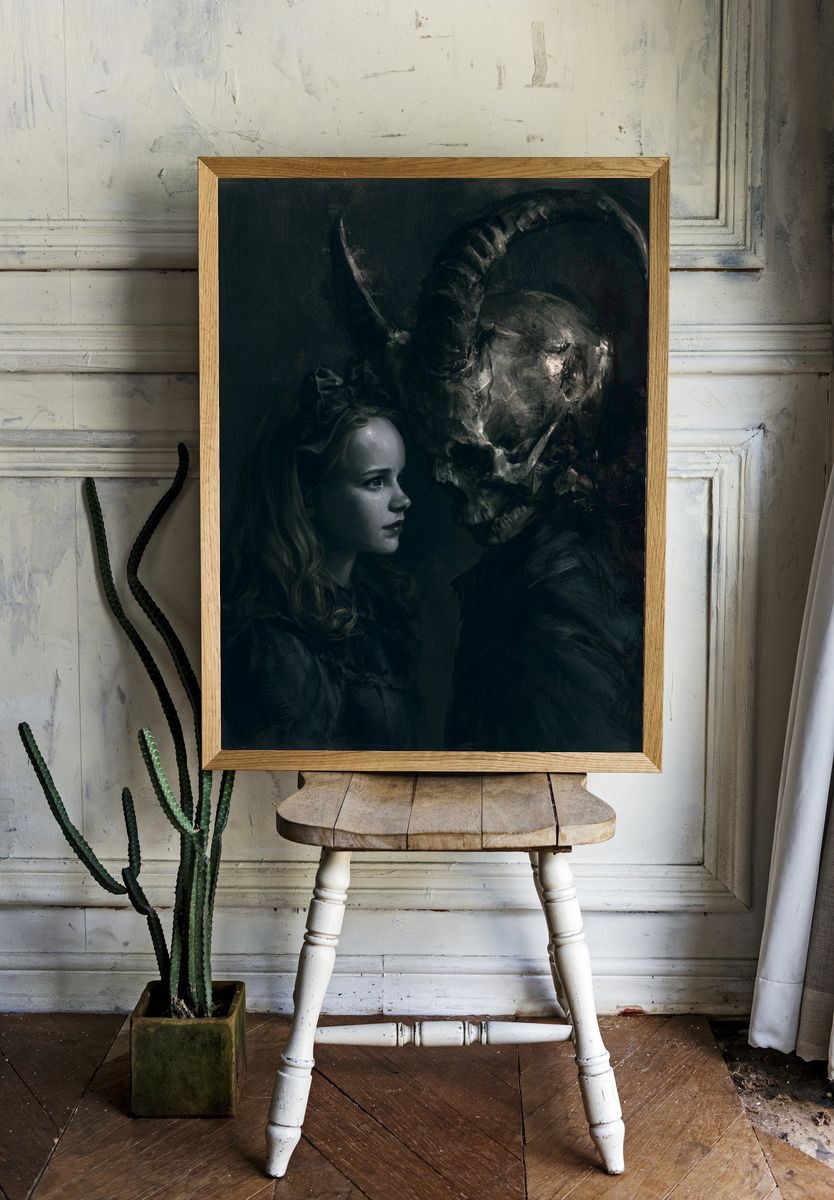 Dark Fantasy Girl and Horned Skull Print. room preview