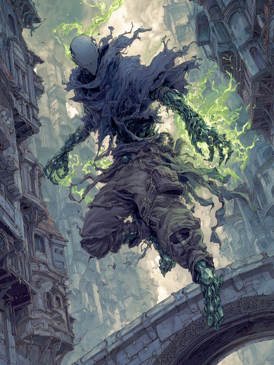 Mystical Figure in Urban Landscape — Digital Art Print. poster — illustration art