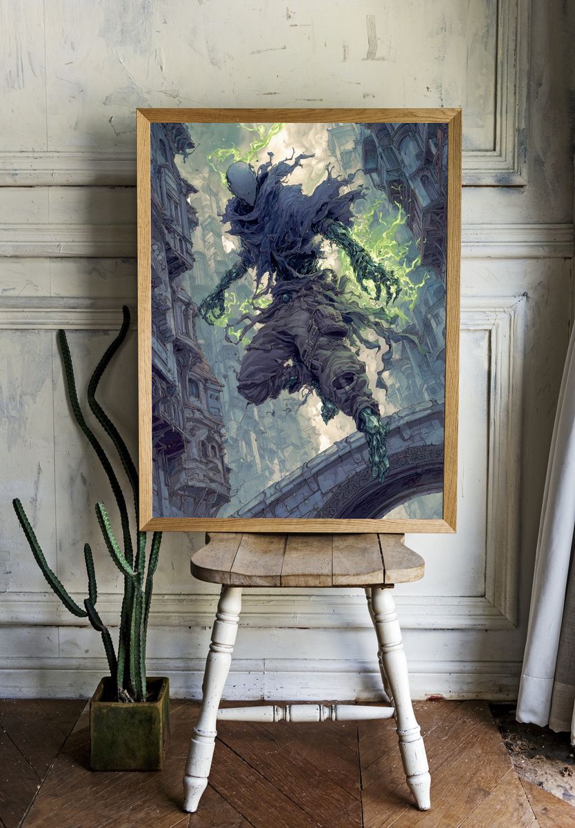 Mystical Figure in Urban Landscape — Digital Art Print. — room view 1