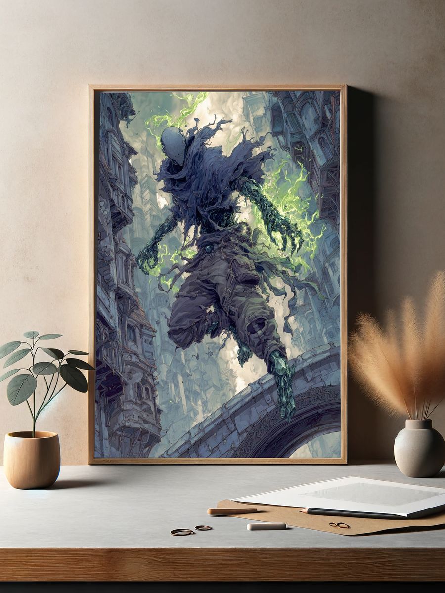 Mystical Figure in Urban Landscape — Digital Art Print. — room view 2