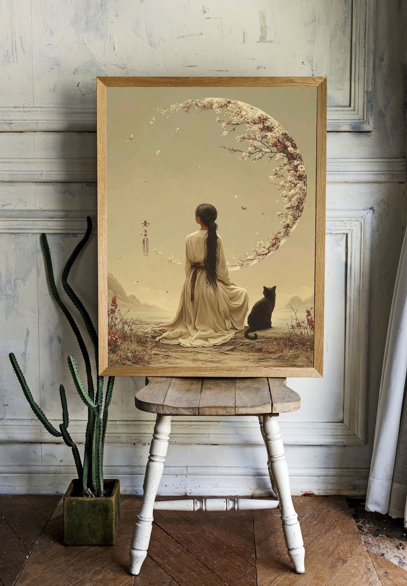 Serene Girl with Cat — Digital Art Print room preview