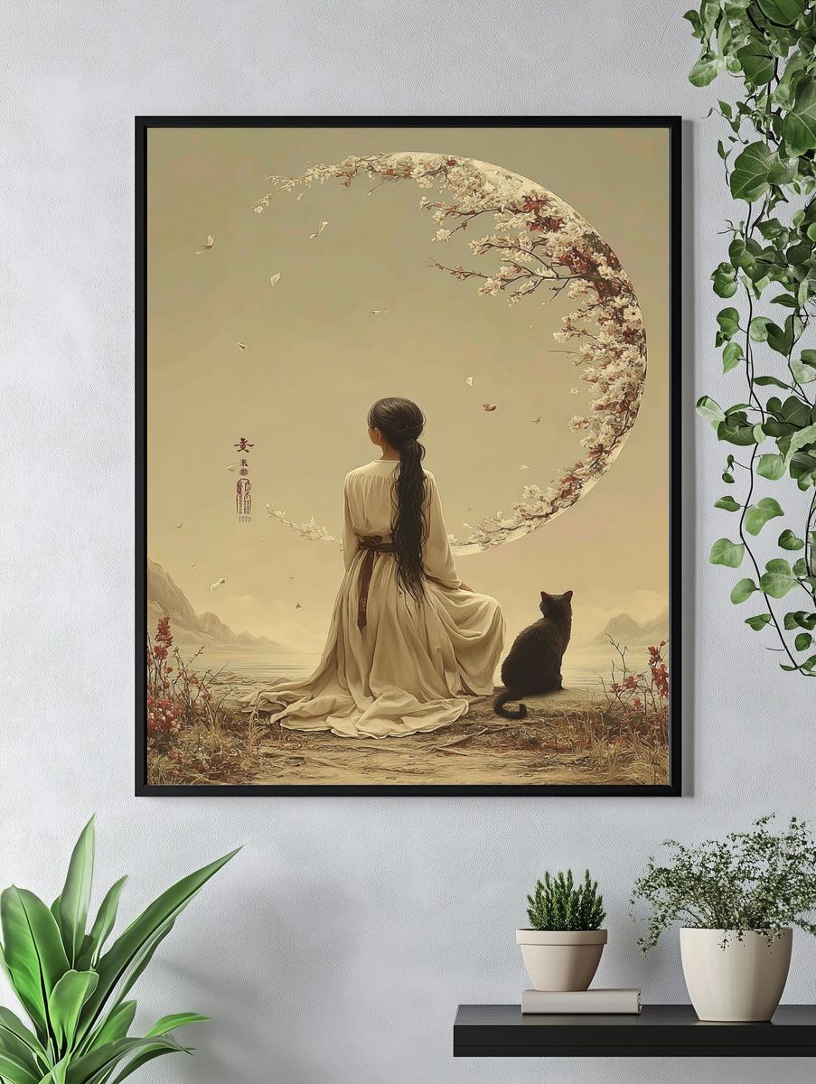 Serene Girl with Cat — Digital Art Print. — room view 4