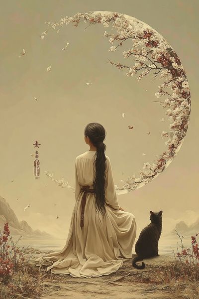 Serene Girl with Cat — Digital Art Print. poster