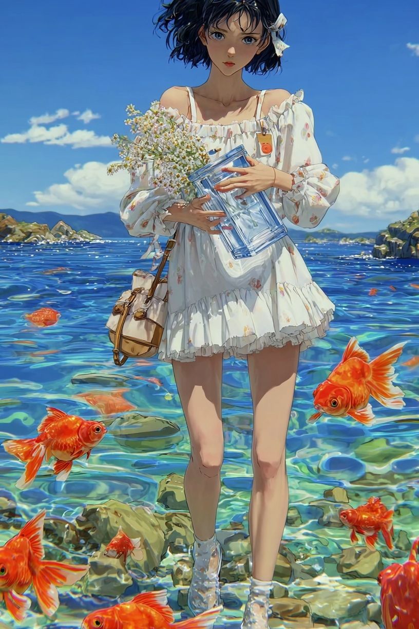 Girl with Goldfish — Digital Art Print. poster — illustration art