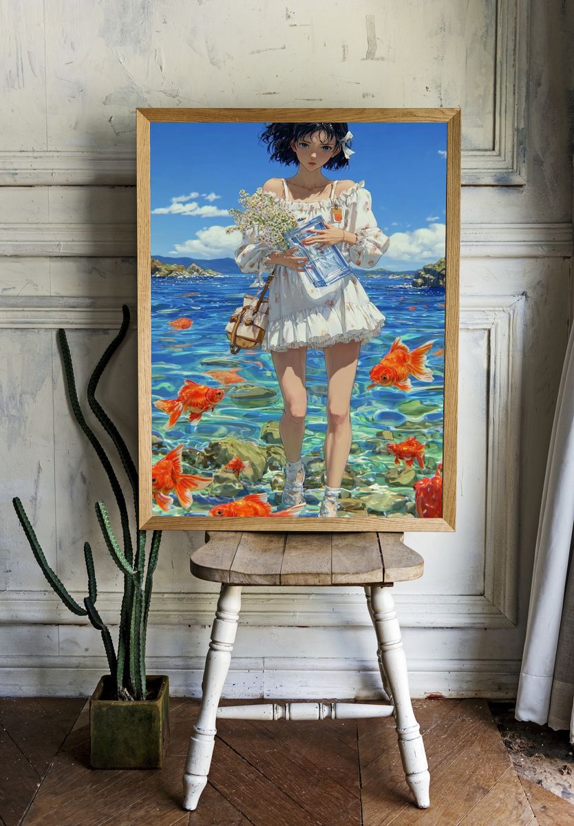Girl with Goldfish — Digital Art Print room preview