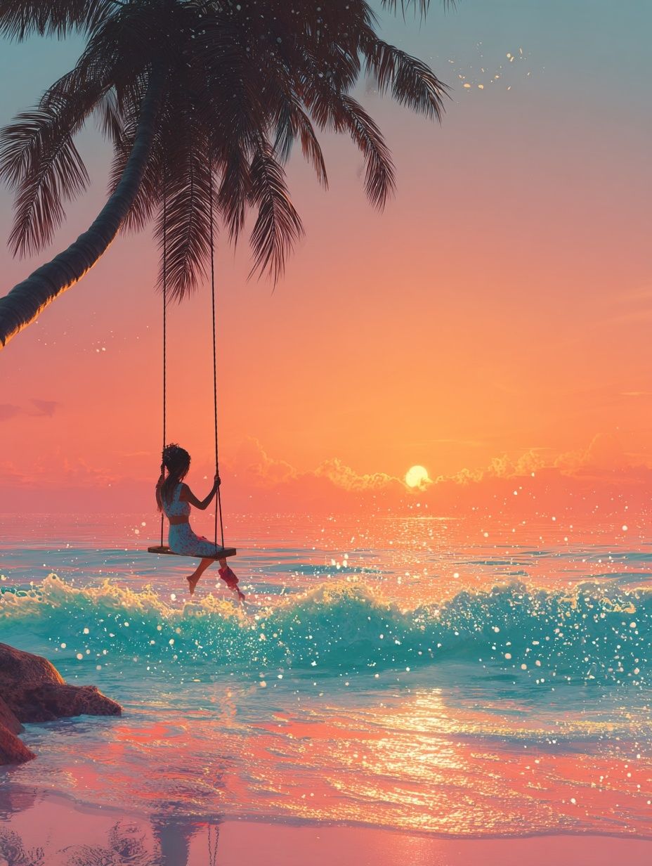 Girl on Swing at Sunset — Digital Art Print. poster — illustration art