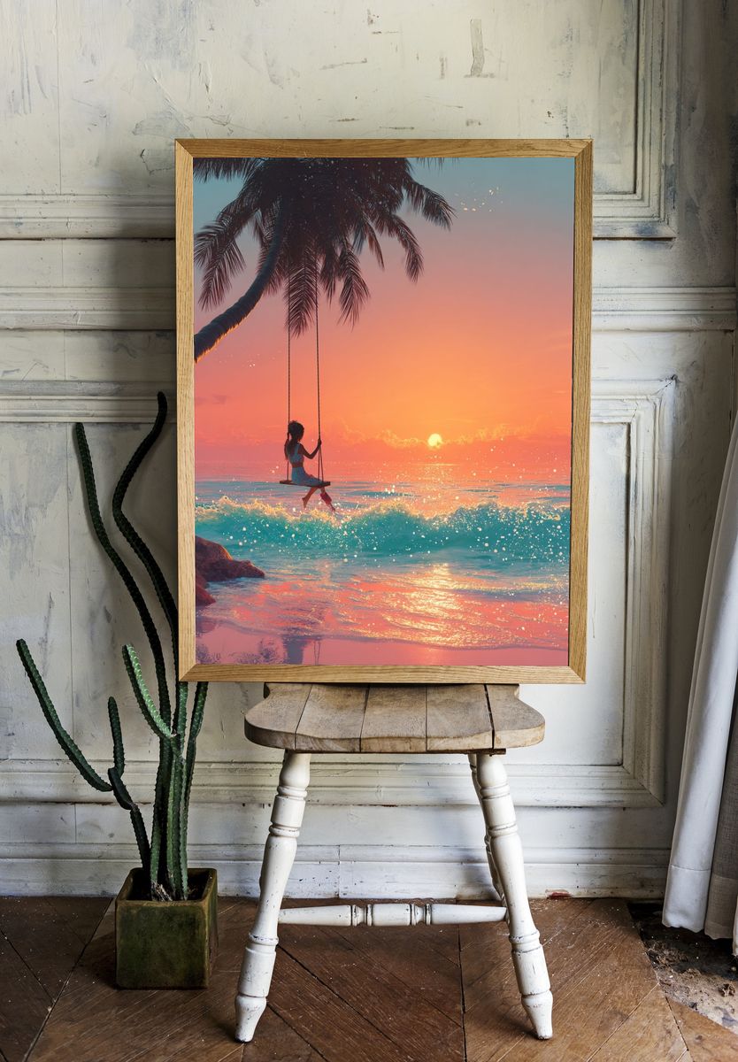 Girl on Swing at Sunset — Digital Art Print room preview