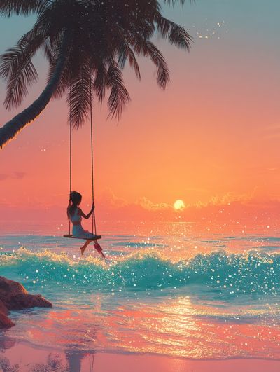 Girl on Swing at Sunset — Digital Art Print. poster