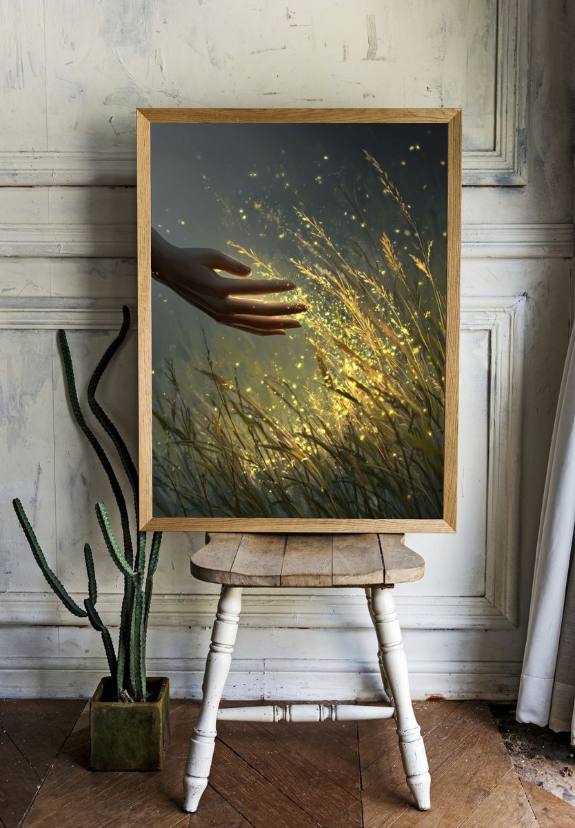 Hand Touching Glowing Grass — Digital Art Print room preview