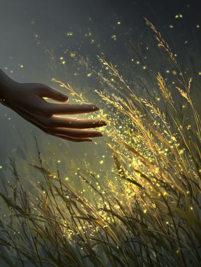 Hand Touching Glowing Grass — Digital Art Print. poster