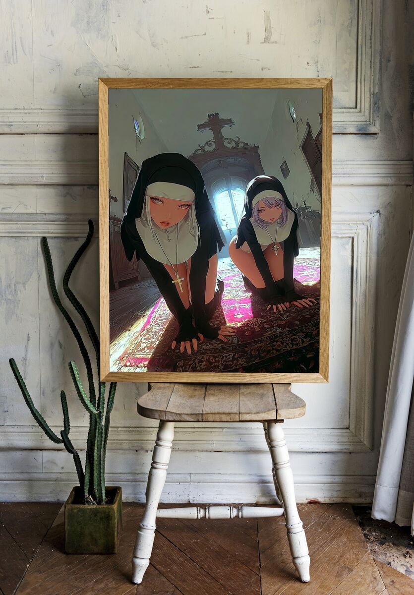Nuns in a Dimly Lit Room — Digital Art Print. room preview