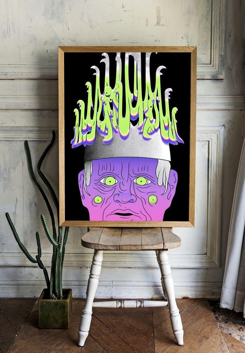 Surreal Face with Crown — Digital Art Print room preview
