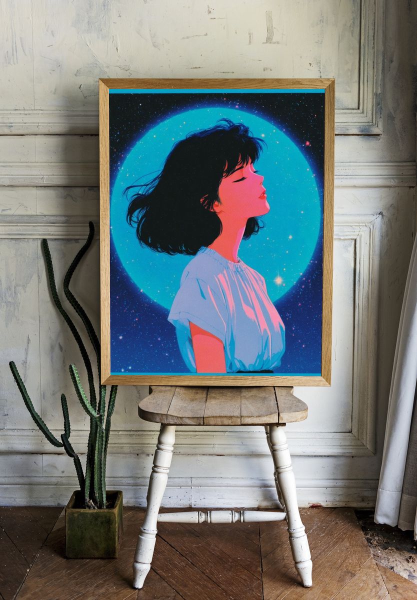 Dreamy Girl in Space — Digital Art Print. — room view 1