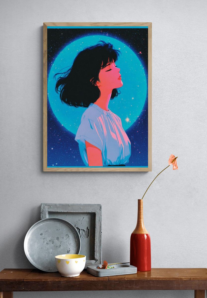 Dreamy Girl in Space — Digital Art Print. — room view 3