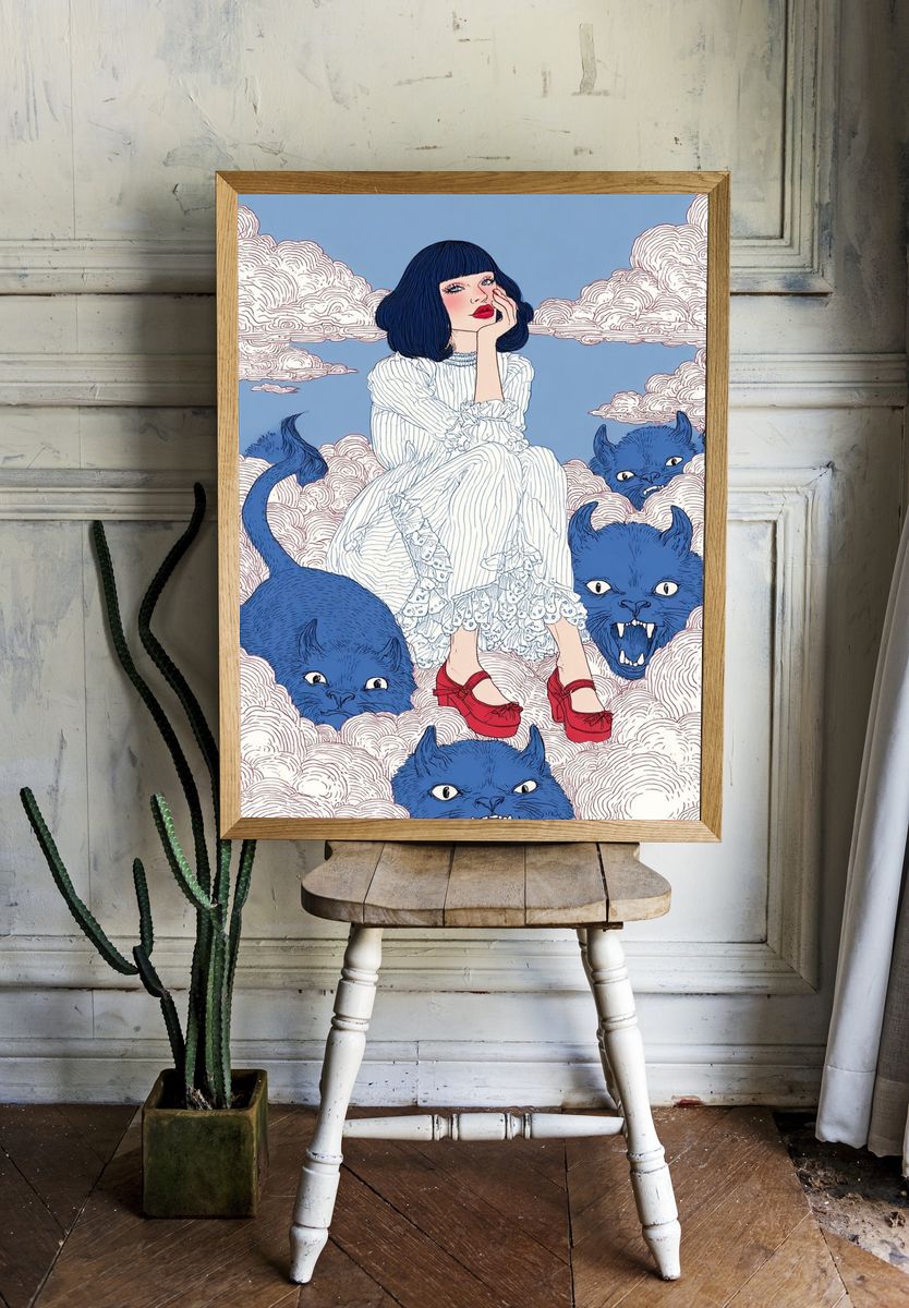 Dreamy Girl with Blue Monsters — Illustration Print. room preview