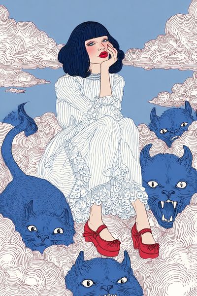 Dreamy Girl with Blue Monsters — Illustration Print. poster print