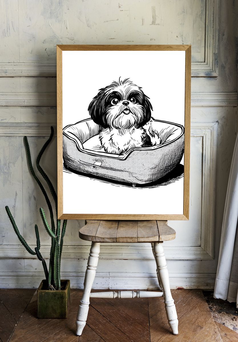 Cute Dog in Bed — Illustration Print room preview