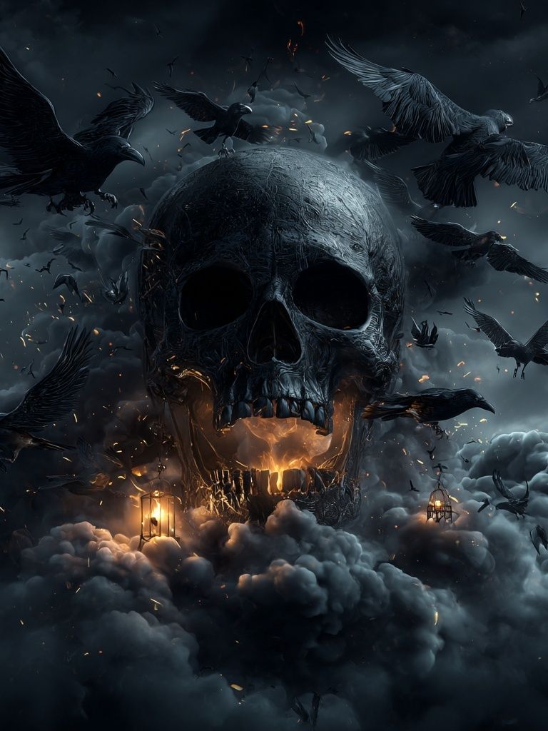Dark Skull with Crows — Gothic Print. poster detail