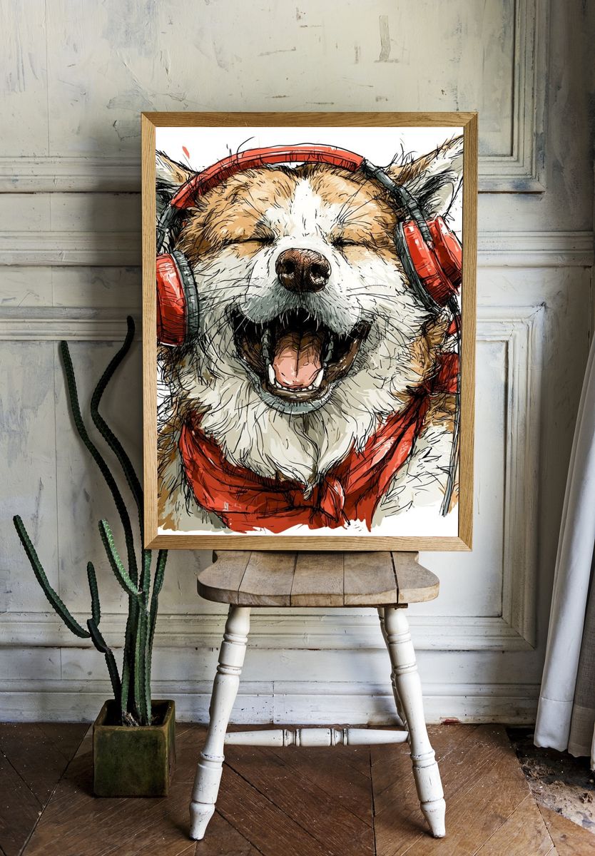 Happy Dog with Headphones Illustration Poster. room preview