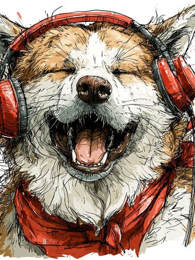 Happy Dog with Headphones Illustration Poster. poster