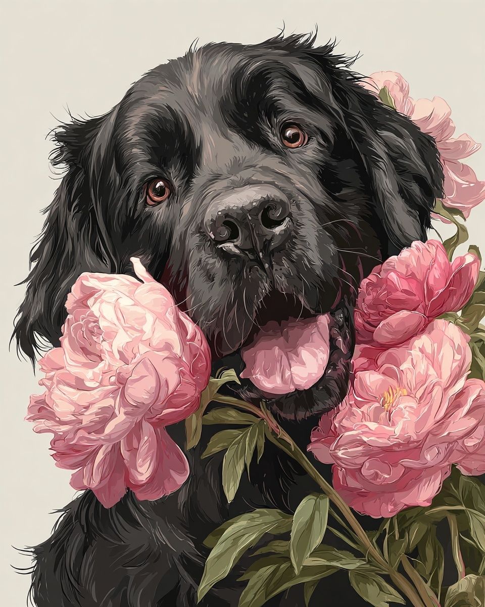 Black Dog with Peonies — Illustration Print. poster — animals art