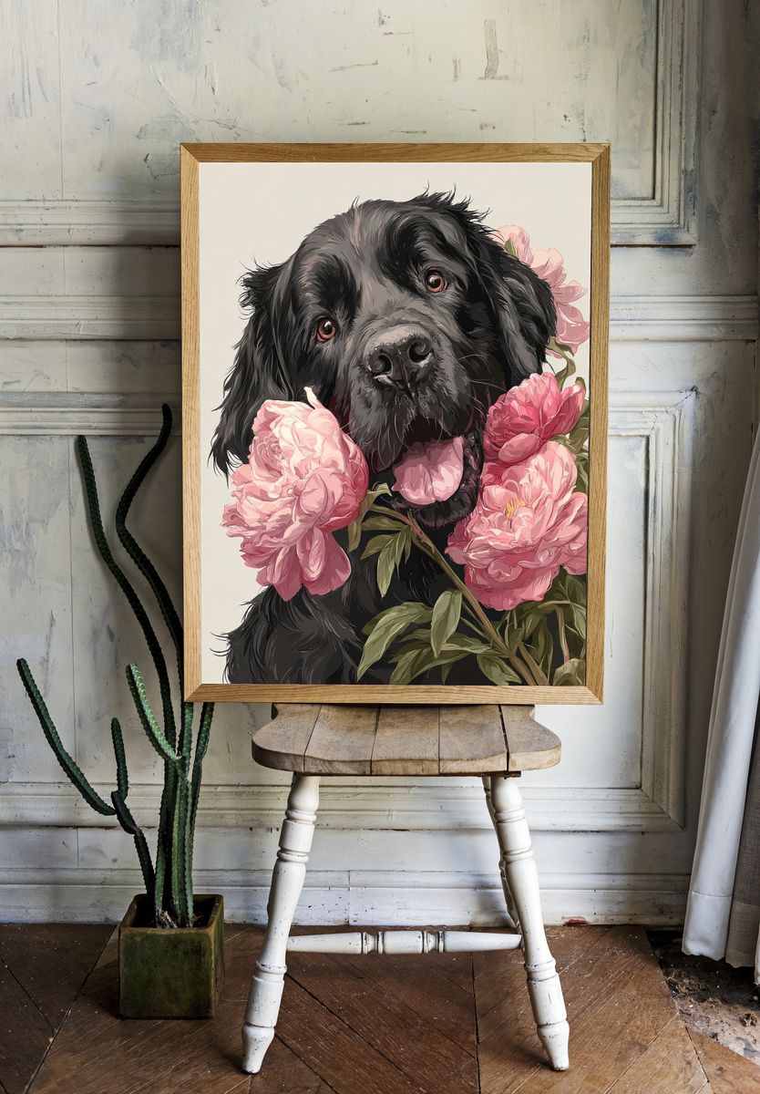 Black Dog with Peonies — Illustration Print room preview