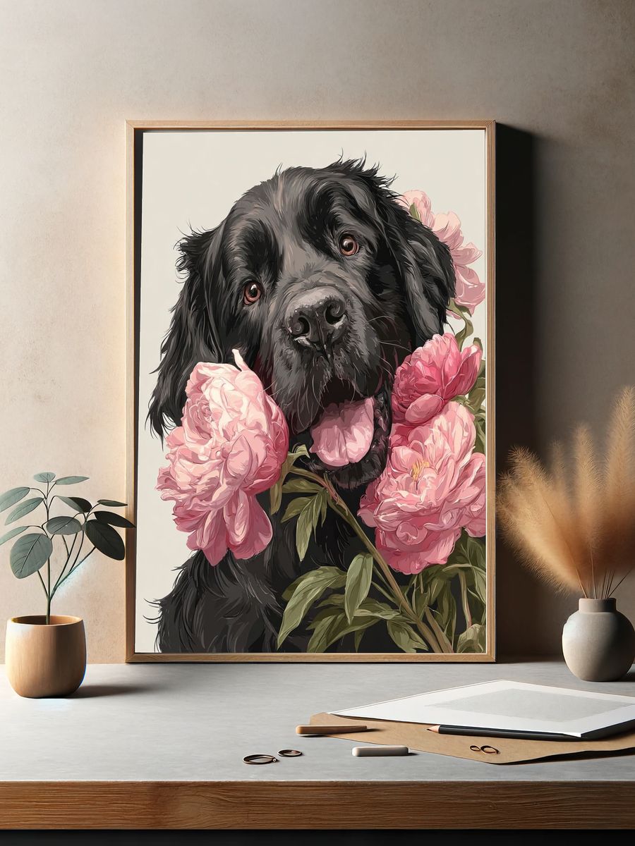 Black Dog with Peonies — Illustration Print. — room view 2