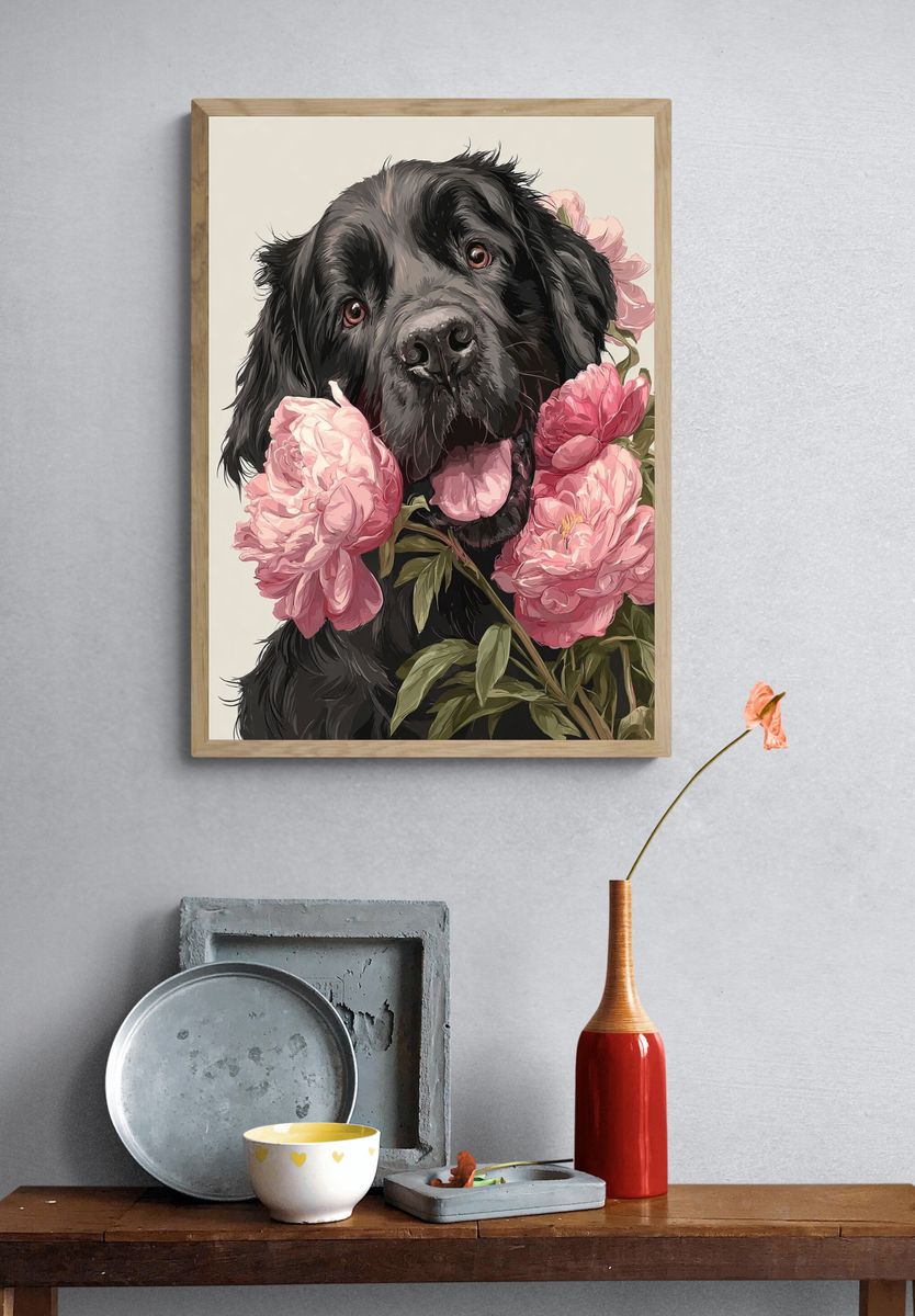 Black Dog with Peonies — Illustration Print. — room view 3