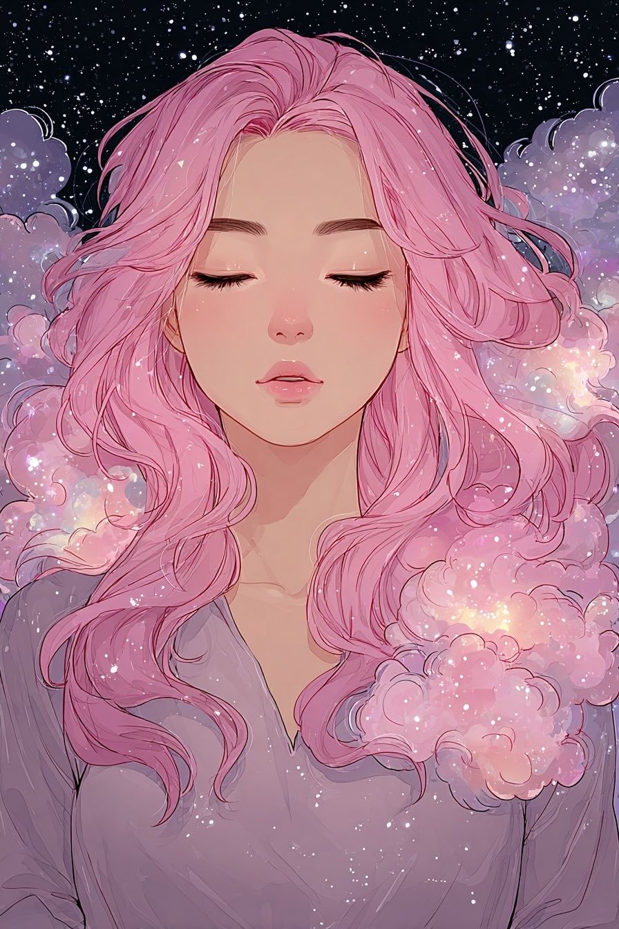 Dreamy Girl with Pink Hair — Digital Art Print. poster detail
