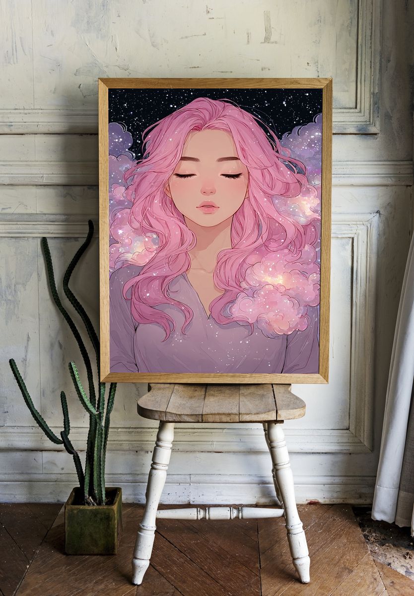 Dreamy Girl with Pink Hair — Digital Art Print. — room view 1