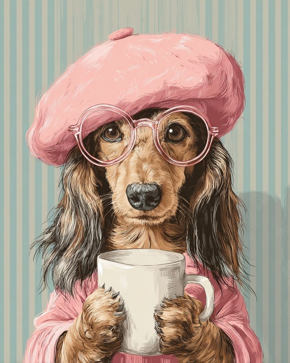 Dachshund in Pink Beret — Illustration Print. poster — illustration art