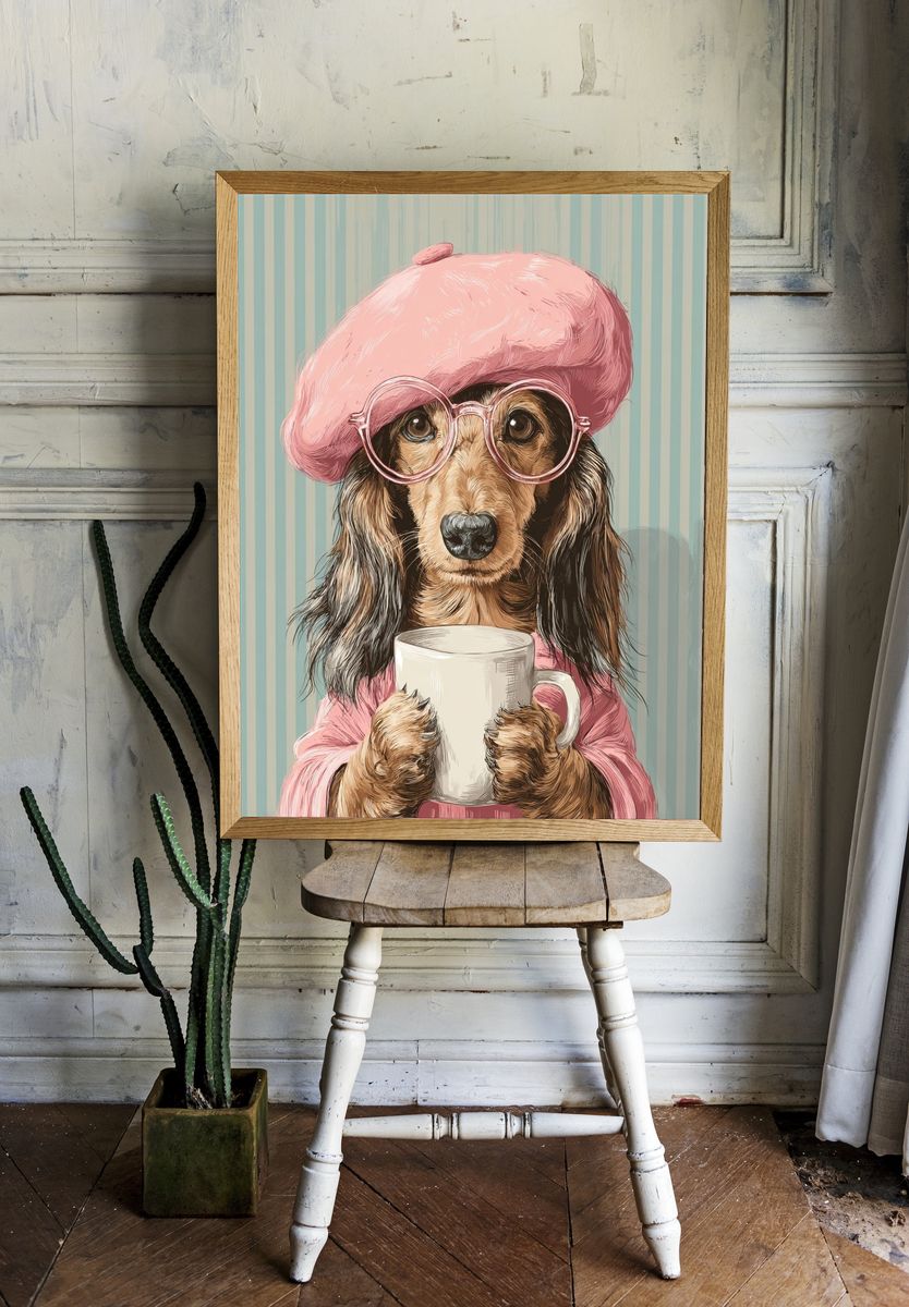 Dachshund in Pink Beret — Illustration Print room preview