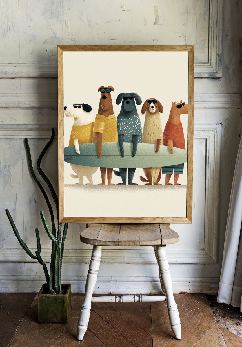 Surfing Dogs — Cartoon Print. — room view 1