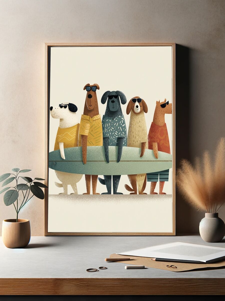 Surfing Dogs — Cartoon Print. — room view 2