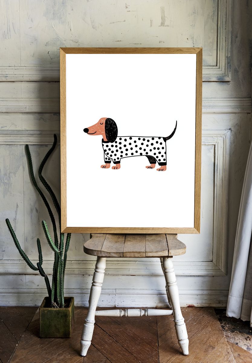 Dachshund in Polka Dots — Illustration Print room preview