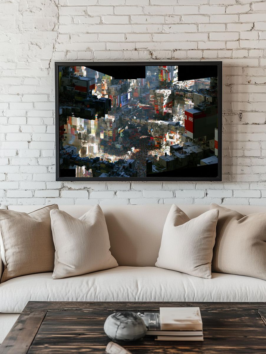 Glitch Cityscape Digital Art Poster. — room view 1