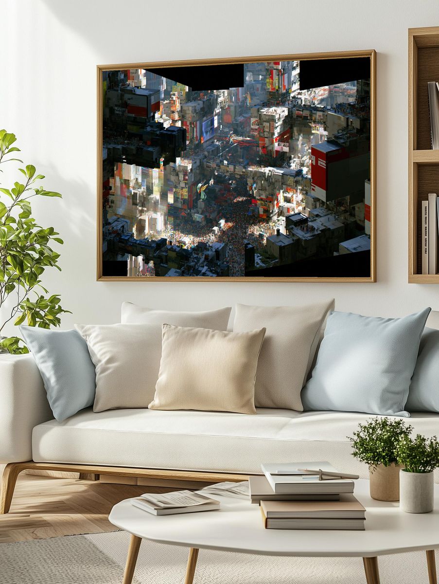 Glitch Cityscape Digital Art Poster. — room view 2