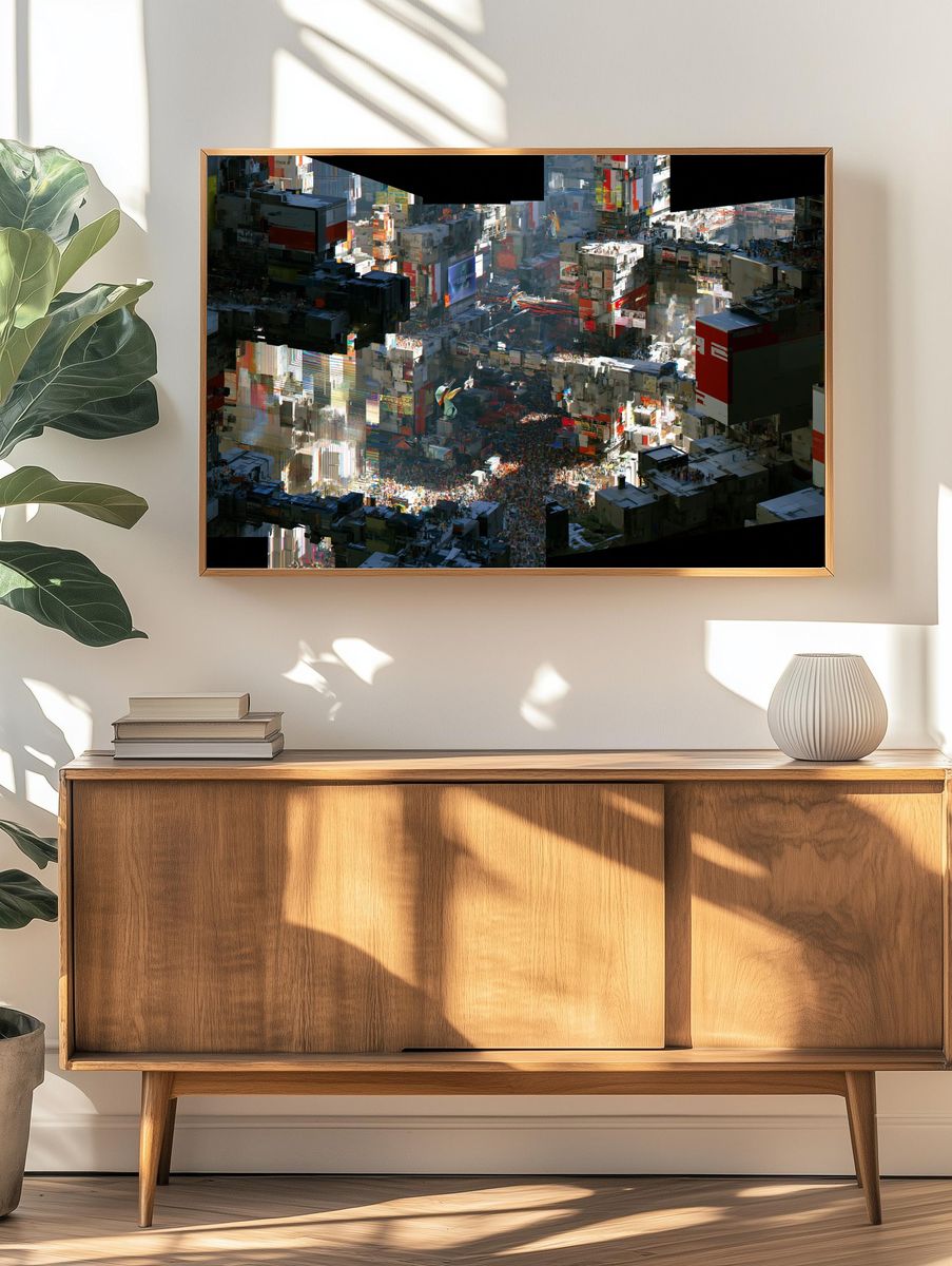 Glitch Cityscape Digital Art Poster. — room view 3