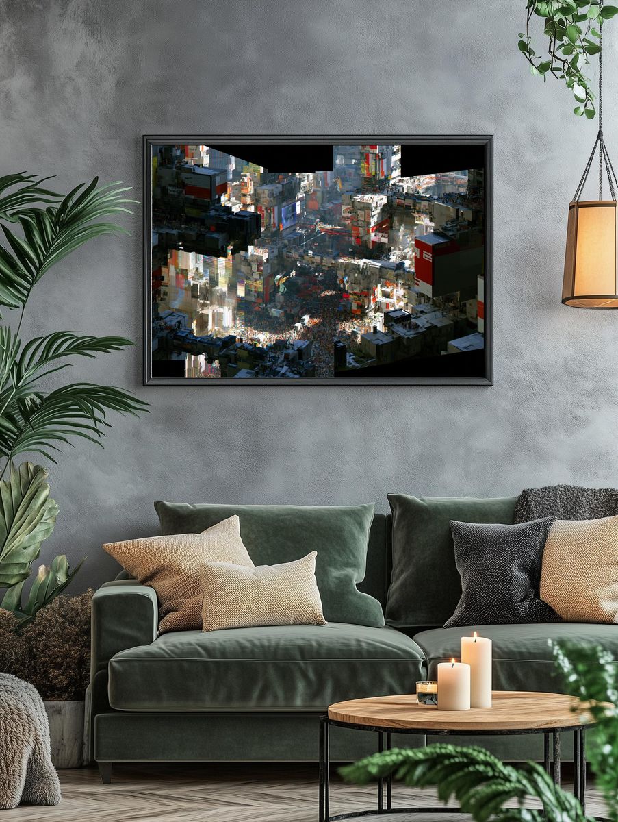 Glitch Cityscape Digital Art Poster. — room view 4