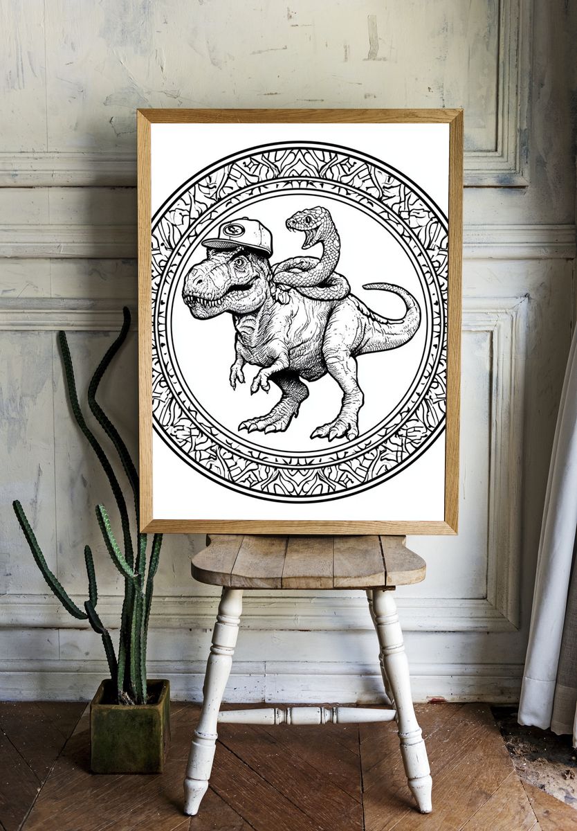 Dinosaur and Snake Line Art Poster. — room view 1