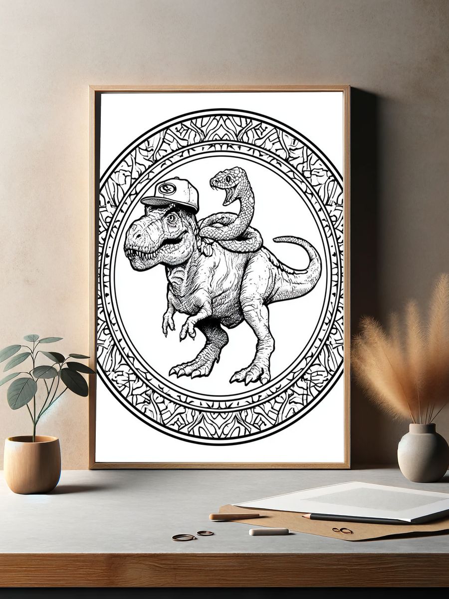 Dinosaur and Snake Line Art Poster. — room view 2