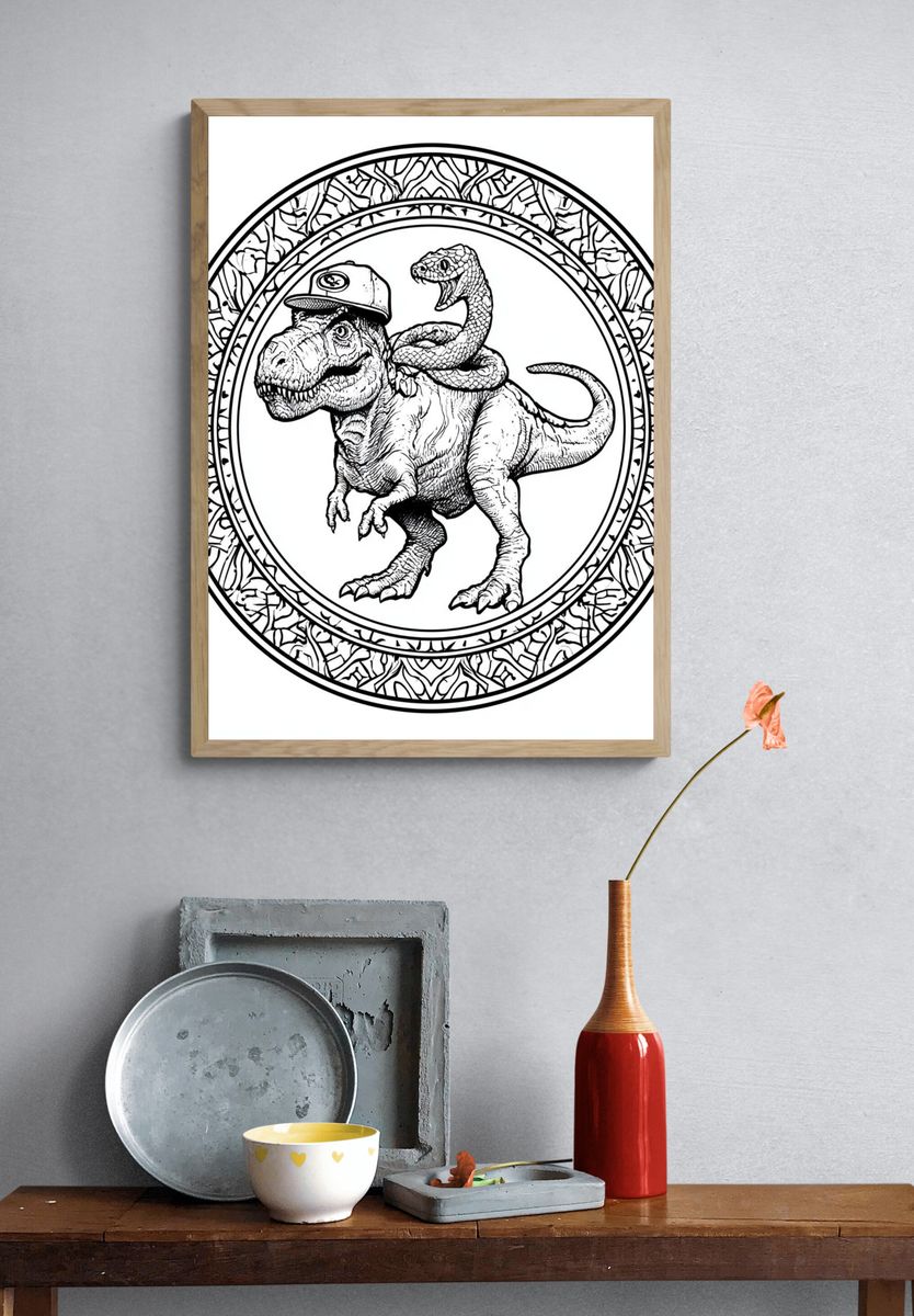 Dinosaur and Snake Line Art Poster. — room view 3